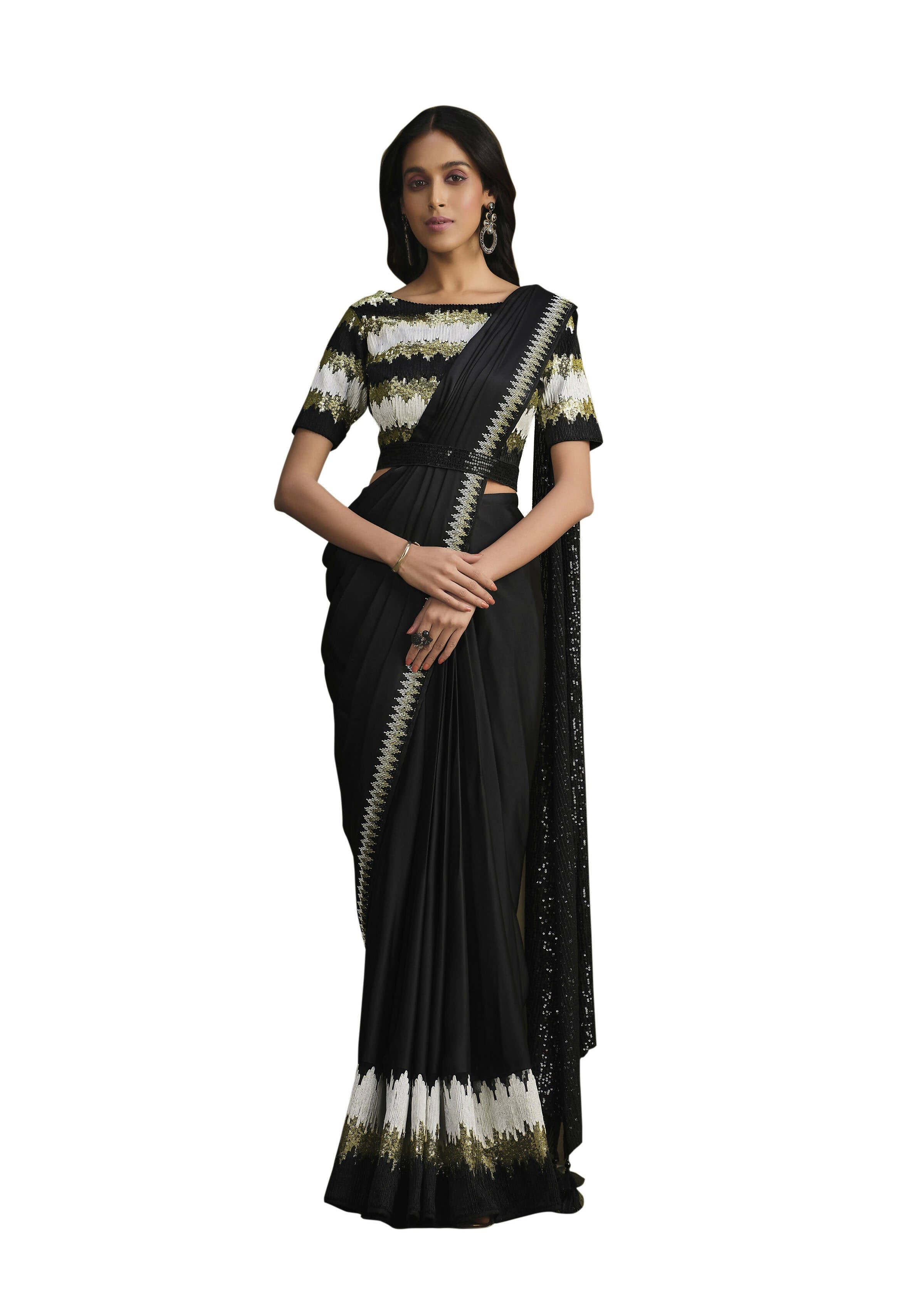 Black Crepe Silk Sequence Embroidered Saree With Stitched Blouse - Mohmanthan La Belle | Grocsy