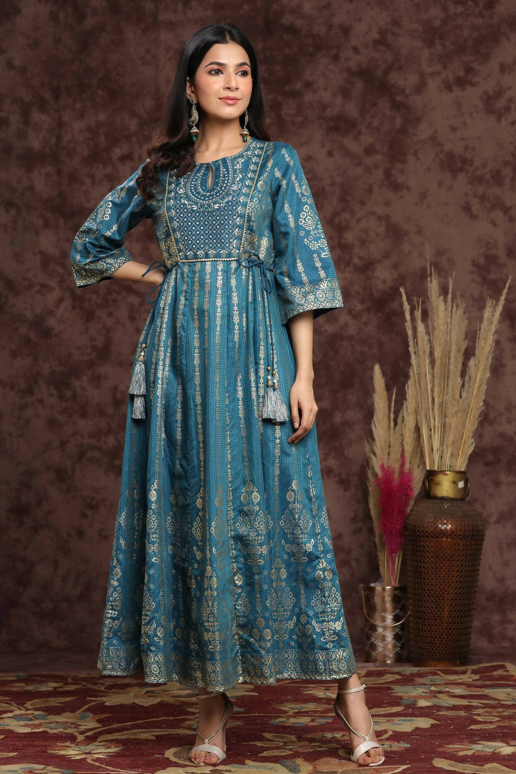 Juniper Women Teal Shantoon Printed Anarkali Dress | Grocsy