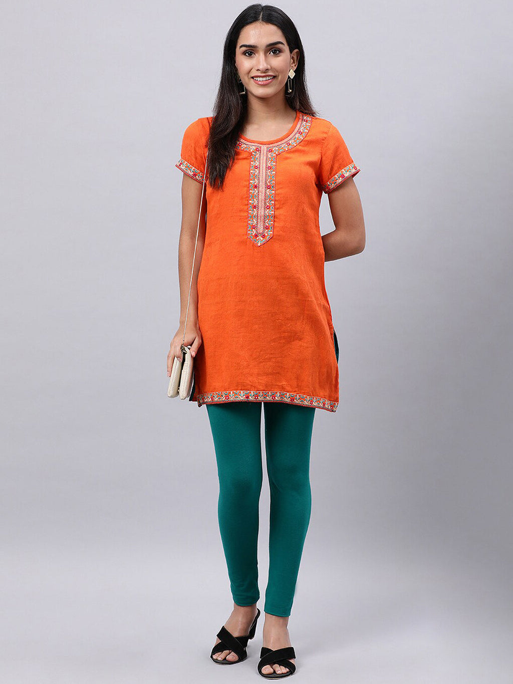 Souchii Orange Floral Embroidered Mirror Work Mirror Work Kurti | Grocsy