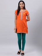 Souchii Orange Floral Embroidered Mirror Work Mirror Work Kurti | Grocsy