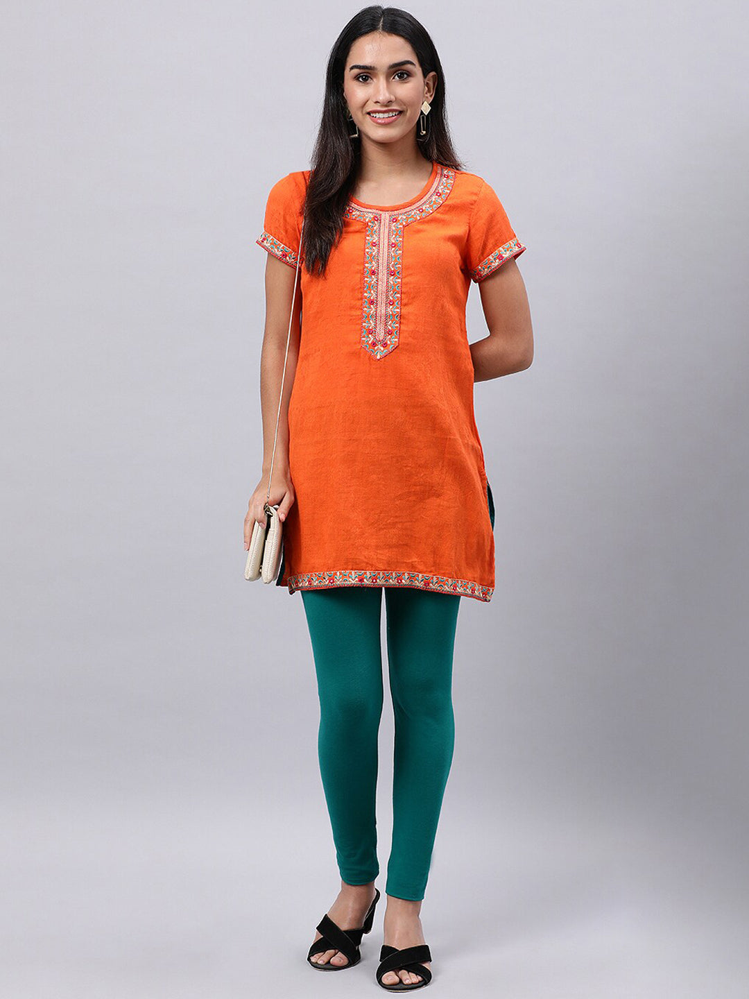 Souchii Orange Floral Embroidered Mirror Work Mirror Work Kurti | Grocsy