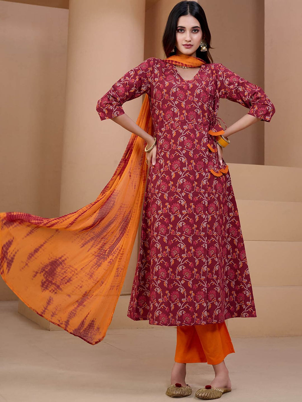 Sangria Maroon & Orange Printed V Neck Pure Cotton Angrakha Kurta With Trousers & Dupatta | Grocsy