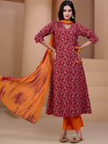 Sangria Maroon & Orange Printed V Neck Pure Cotton Angrakha Kurta With Trousers & Dupatta | Grocsy