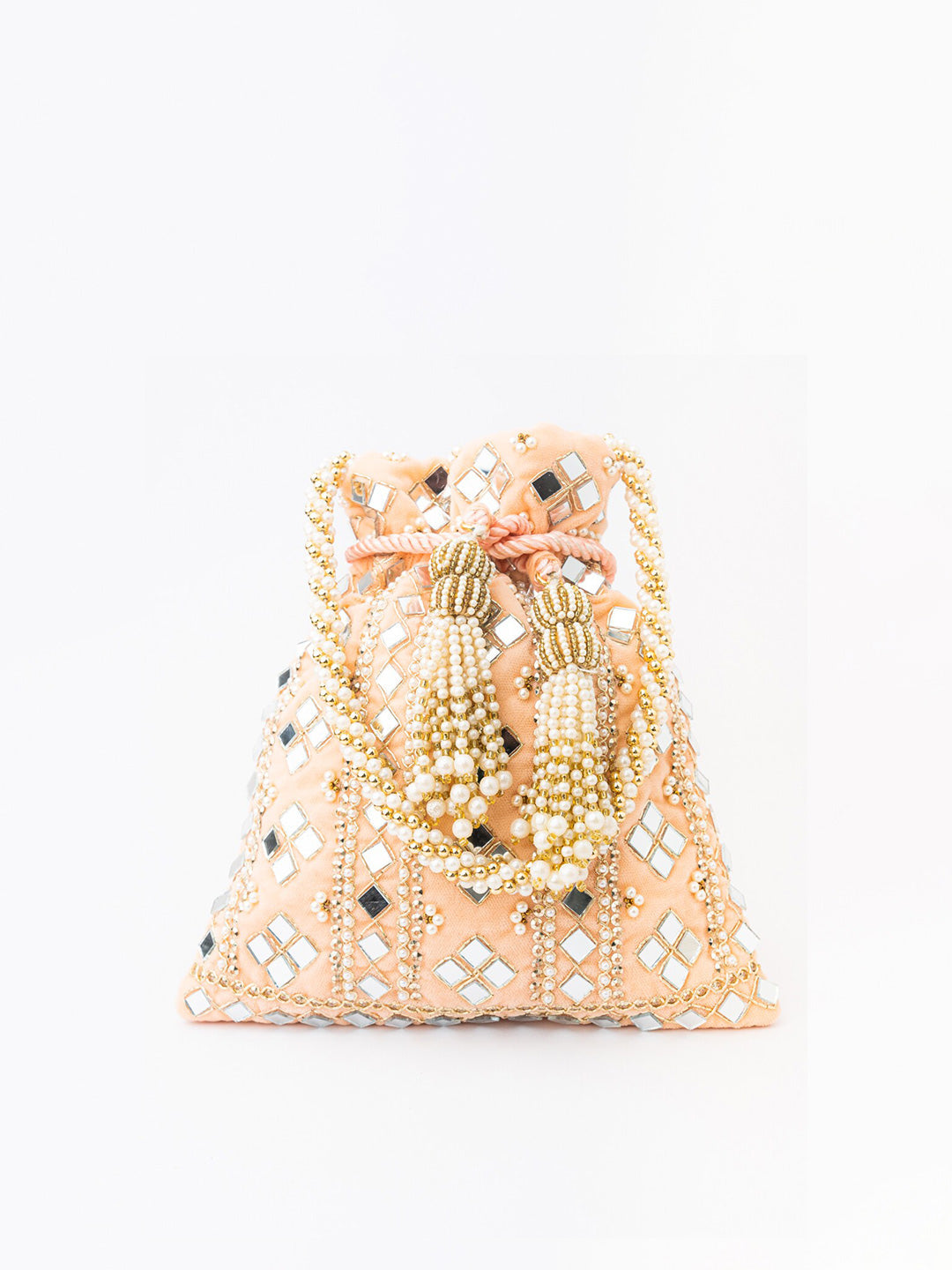 NR By Nidhi Rathi Peach-Coloured & White Embroidered Potli Clutch | Grocsy
