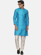 Sethukrishna Men Turquoise Blue Angrakha Kurta with Trousers | Grocsy