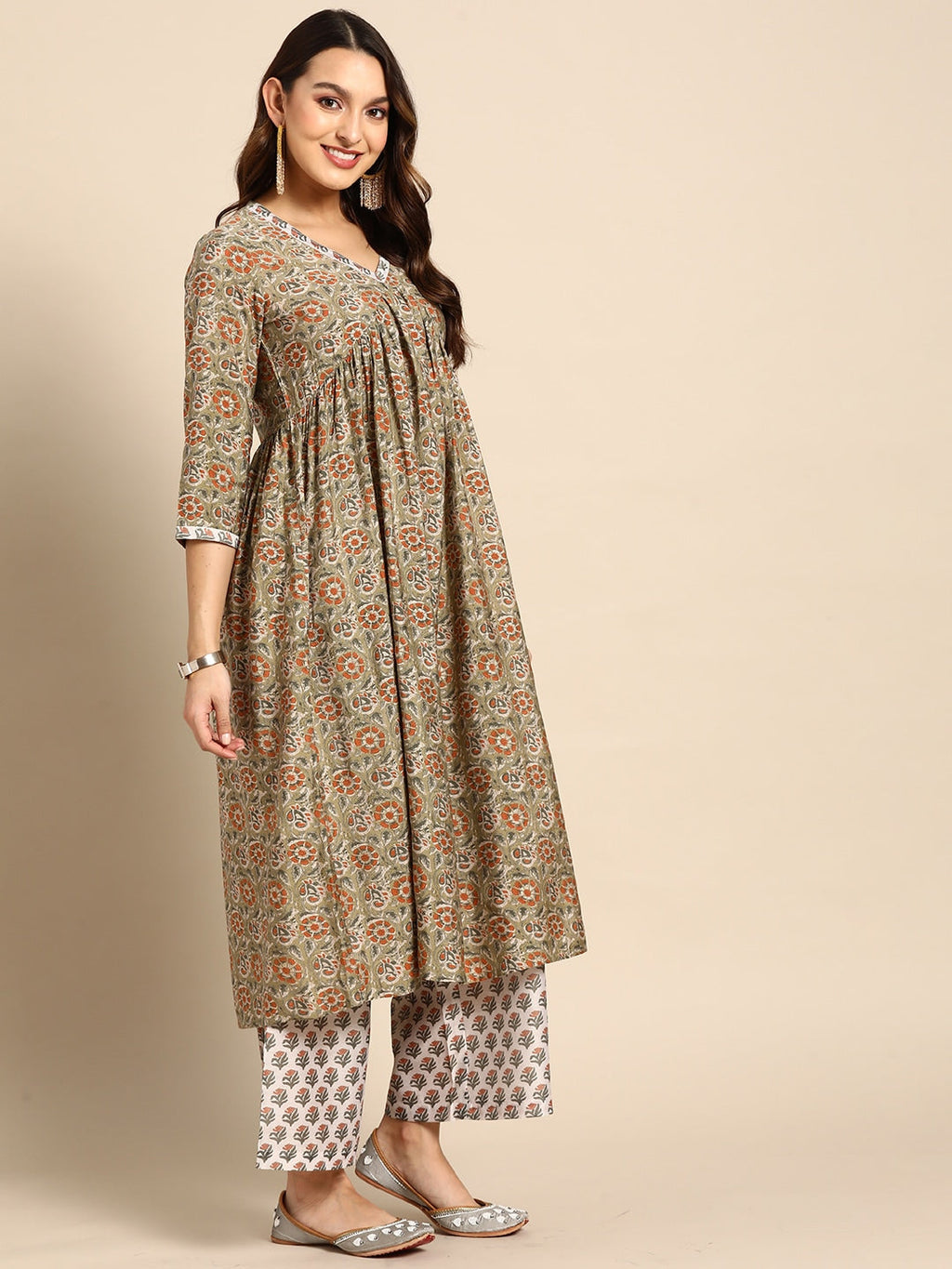 Sangria Women Olive Green Floral Printed Empire Kurta with Trousers | Grocsy