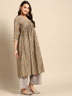 Sangria Women Olive Green Floral Printed Empire Kurta with Trousers | Grocsy