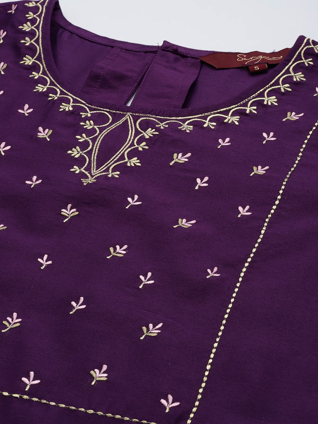Sangria Women Purple Ethnic Motifs Embroidered Kurta with Trousers | Grocsy