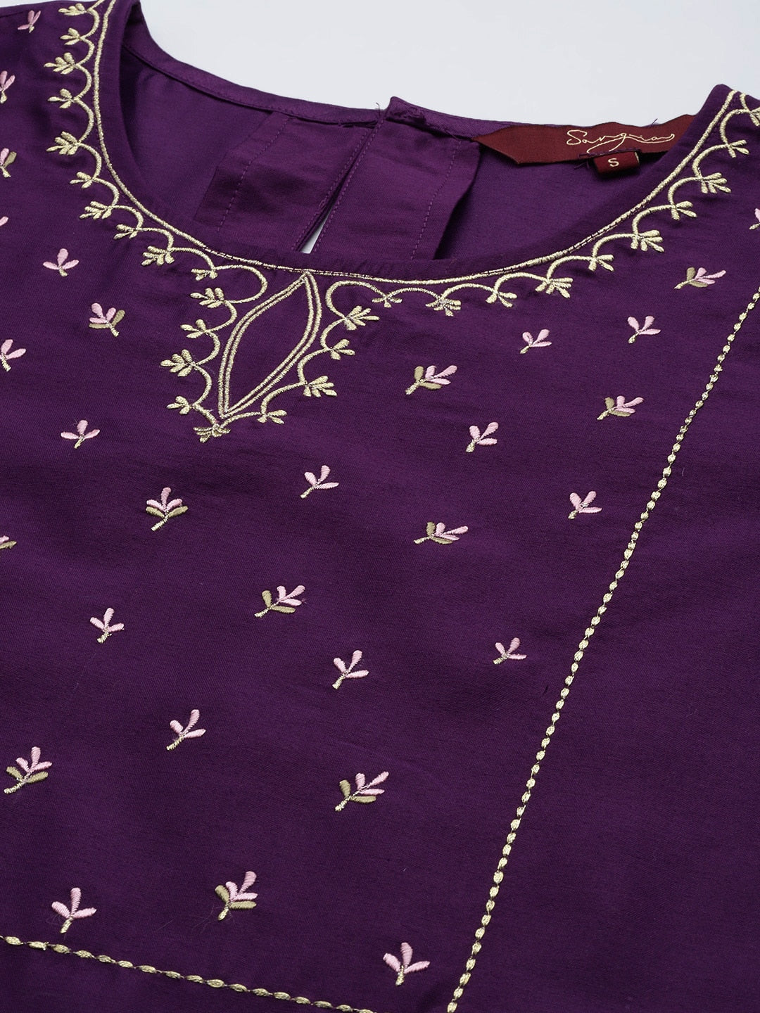 Sangria Women Purple Ethnic Motifs Embroidered Kurta with Trousers | Grocsy