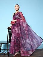 Tikhi Imli Purple & Grey Abstract Print Net Saree | Grocsy