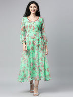 Souchii Sea Green Floral Chiffon Maxi Dress | Grocsy