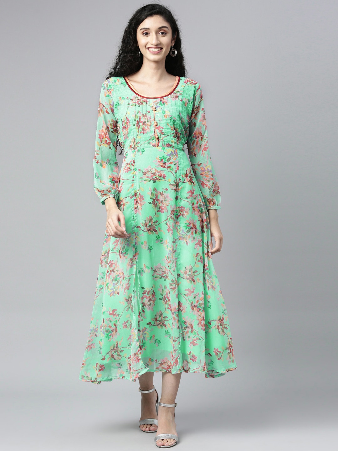 Souchii Sea Green Floral Chiffon Maxi Dress | Grocsy