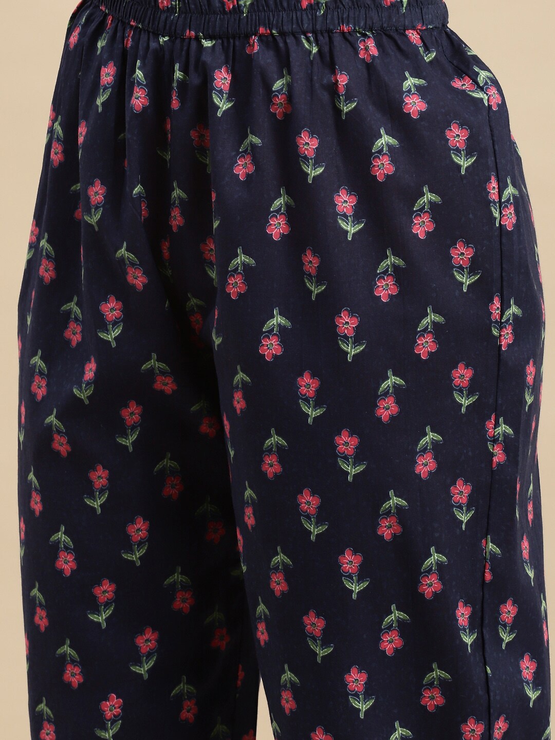 Sangria Navy Blue Floral Printed Beads and Stones Pure Cotton Kurta With Trouser & Dupatta | Grocsy