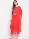 Janasya Women Red Solid Kurta with Trousers & Dupatta | Grocsy