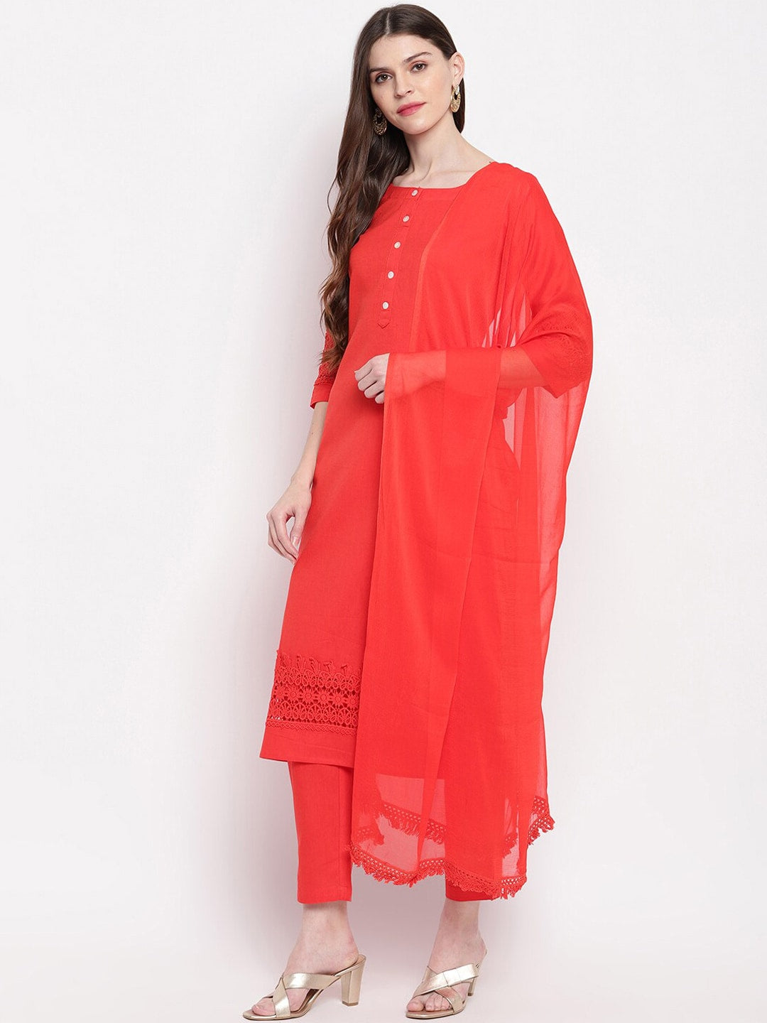 Janasya Women Red Solid Kurta with Trousers & Dupatta | Grocsy