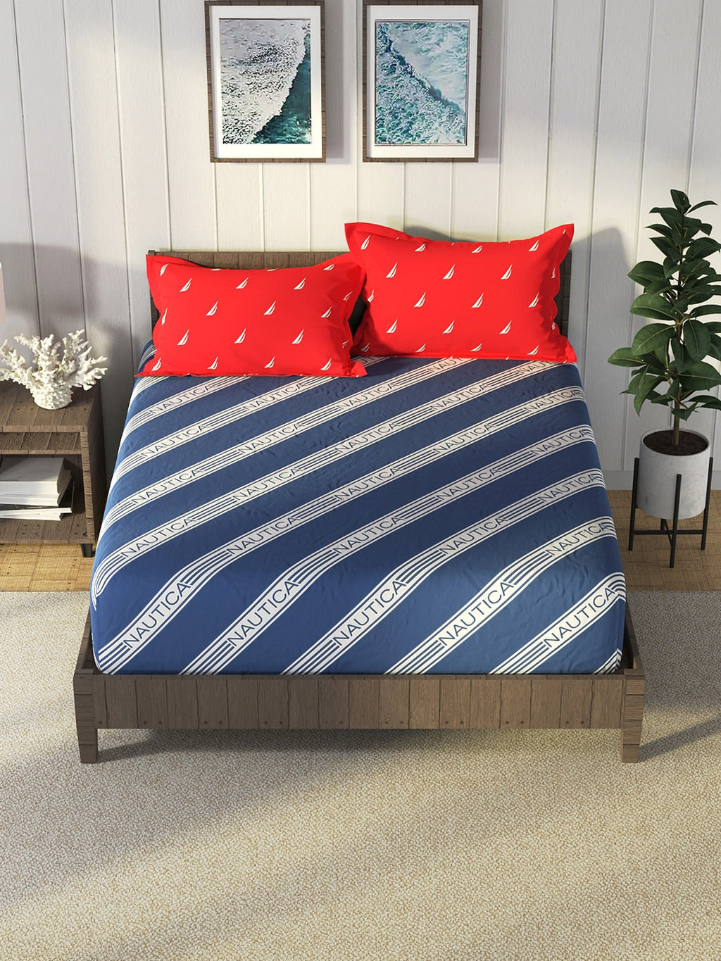 Nautica Blue & Red Striped Cotton 160 TC King Bedsheet With 2 Pillow Covers | Grocsy