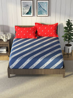 Nautica Blue & Red Striped Cotton 160 TC King Bedsheet With 2 Pillow Covers | Grocsy