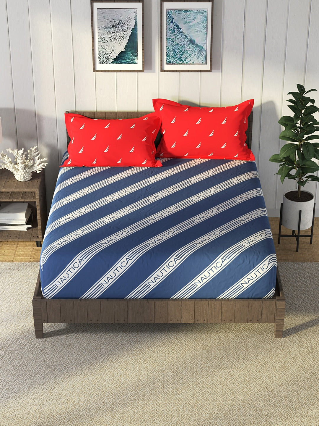 Nautica Blue & Red Striped Cotton 160 TC King Bedsheet With 2 Pillow Covers | Grocsy