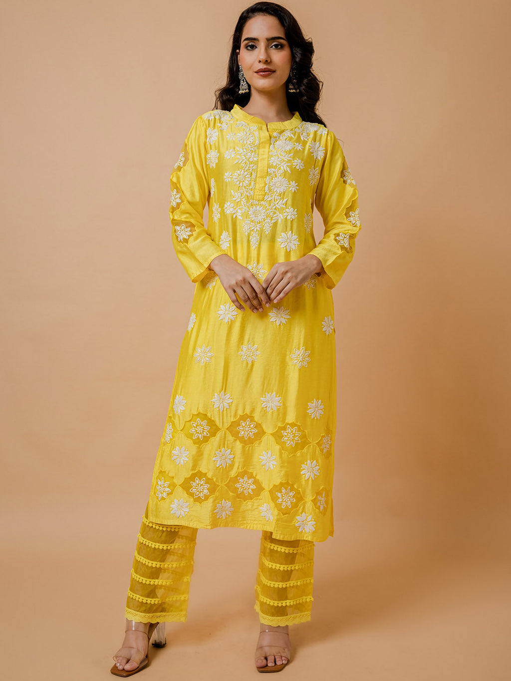HOUSE OF KARI Floral Embroidered Chanderi Silk Chikankari Kurta | Grocsy