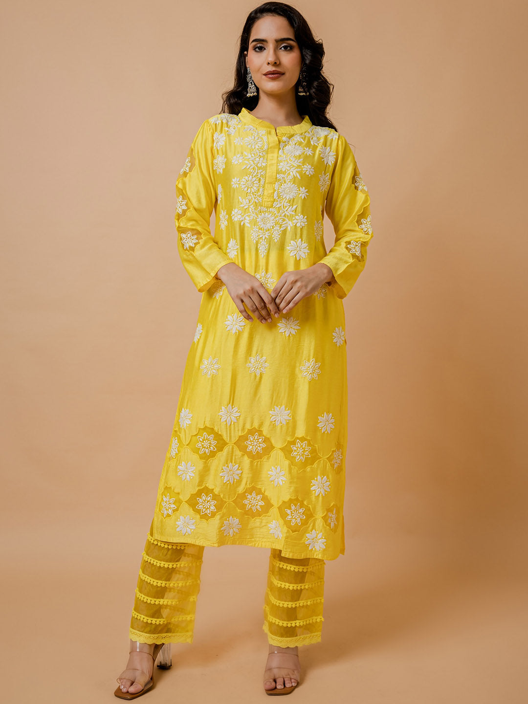 HOUSE OF KARI Floral Embroidered Chanderi Silk Chikankari Kurta | Grocsy
