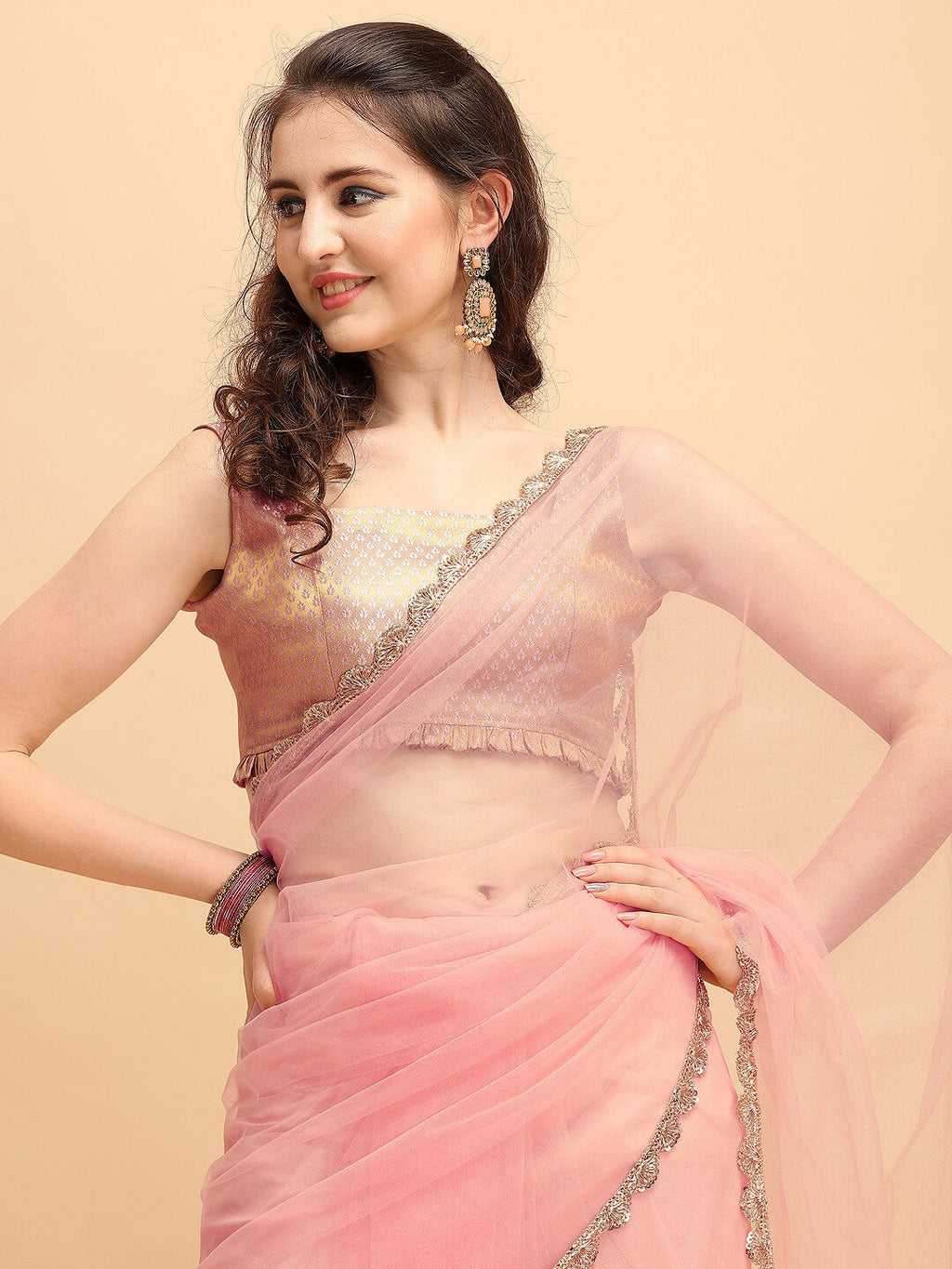 Sangria Pink Solid Net Ruffled Saree | Grocsy