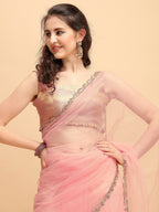 Sangria Pink Solid Net Ruffled Saree | Grocsy