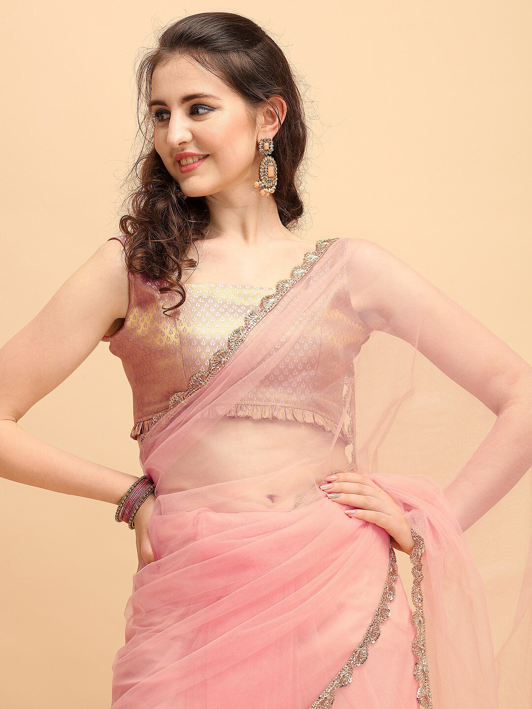 Sangria Pink Solid Net Ruffled Saree | Grocsy