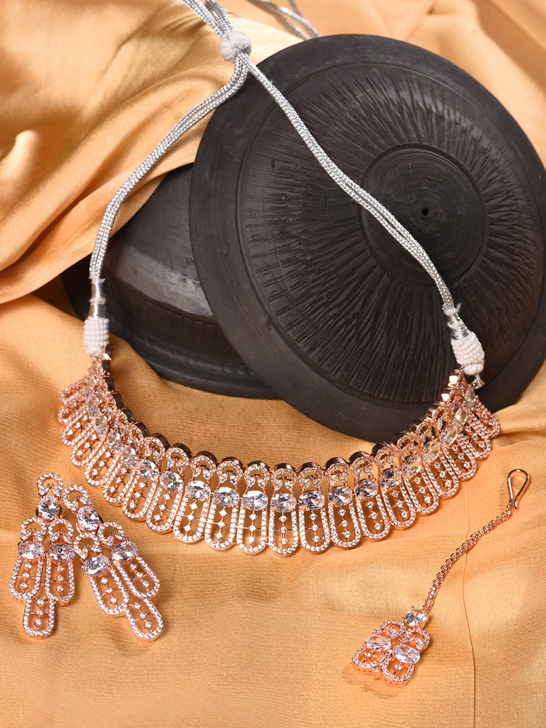 Saraf RS Jewellery Rose Gold-Polished White AD Studded Jewellery Set With Maang Tika | Grocsy