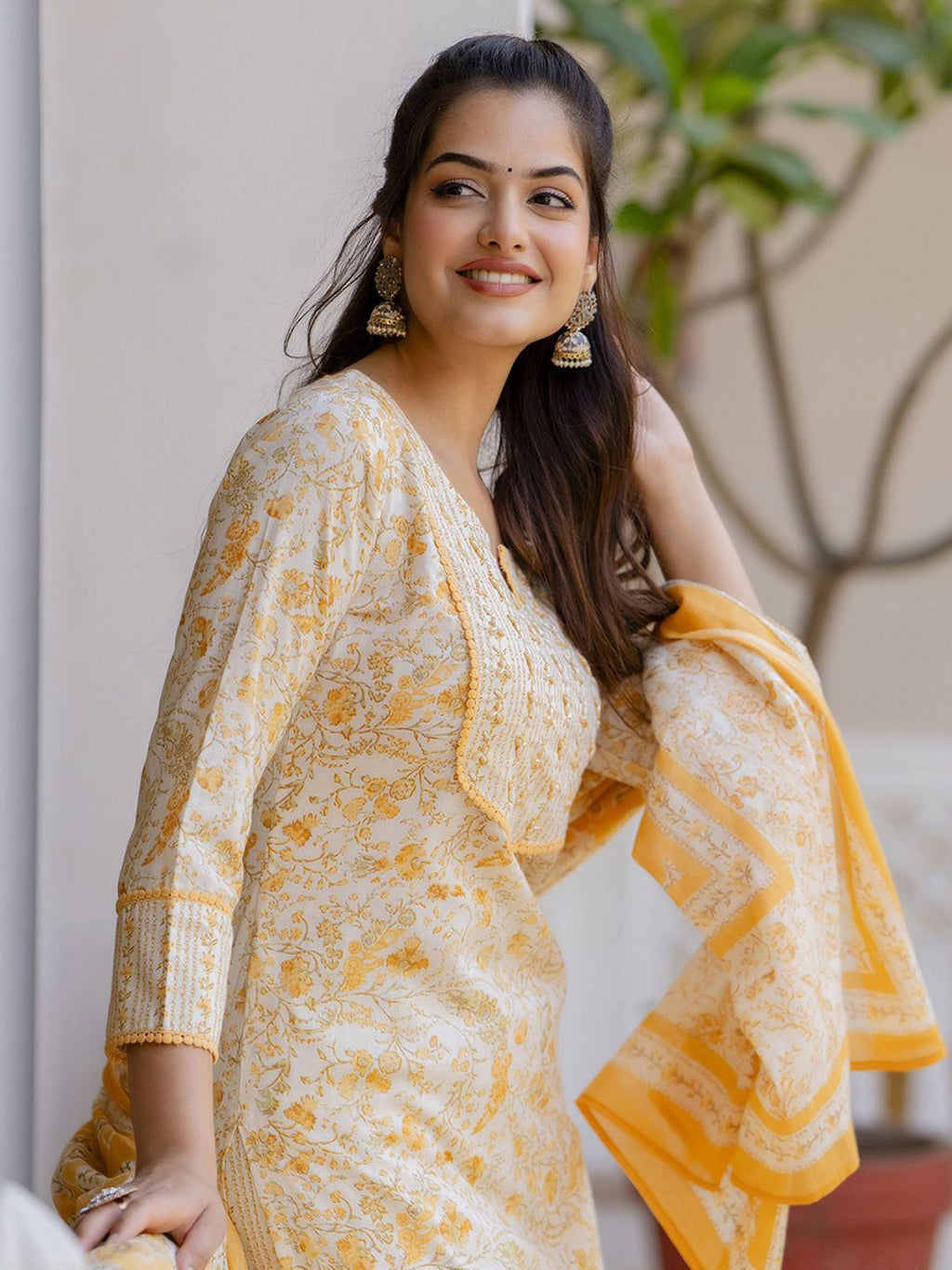 Anouk Women Floral Printed Regular Aari Work Pure Cotton Kurta with Palazzos & With Dupatta | Grocsy