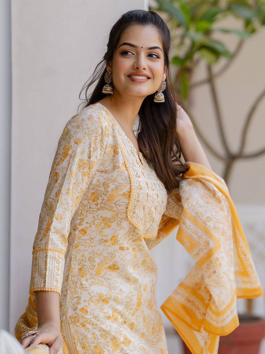 Anouk Women Floral Printed Regular Aari Work Pure Cotton Kurta with Palazzos & With Dupatta | Grocsy
