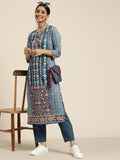 Sangria Women Teal Blue & White Ethnic Printed Straight Kurta with Trousers | Grocsy