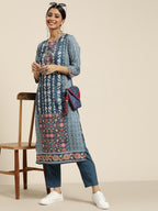 Sangria Women Teal Blue & White Ethnic Printed Straight Kurta with Trousers | Grocsy