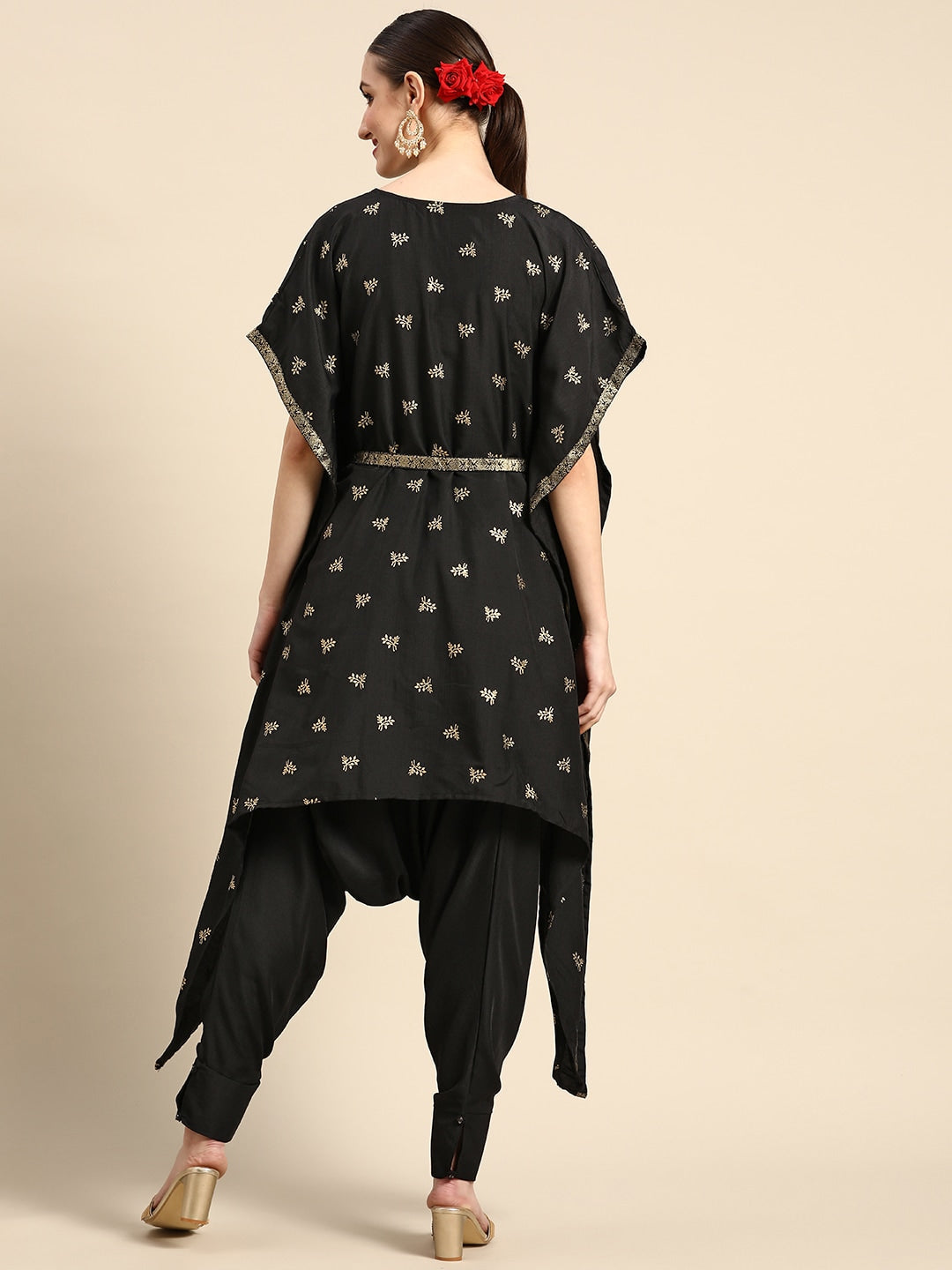 Sangria Women Black & Golden Ethnic Motifs Printed Kurta with Harem Pants | Grocsy