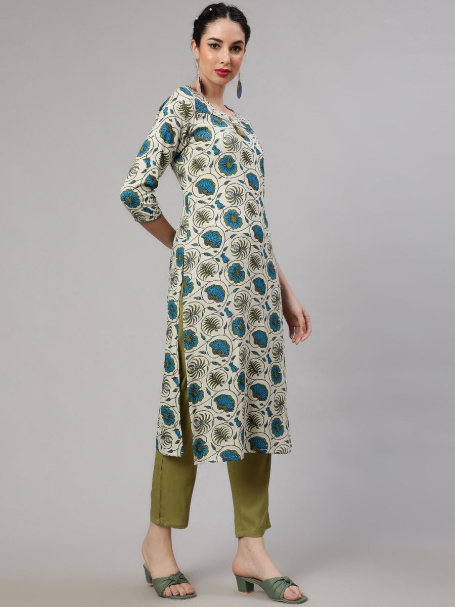 Aks Round Neck Floral Printed Regular Kurta with Trousers | Grocsy