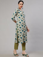 Aks Round Neck Floral Printed Regular Kurta with Trousers | Grocsy
