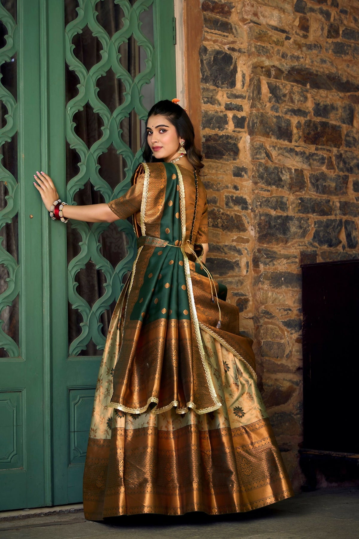 Vastranavya Traditional Jacquard Silk Zari Weaving Silk Lehenga Choli - Green | Grocsy