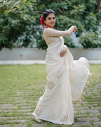 White Pure Linen Woven Design Saree with Unstitched Blouse - A2M | Grocsy