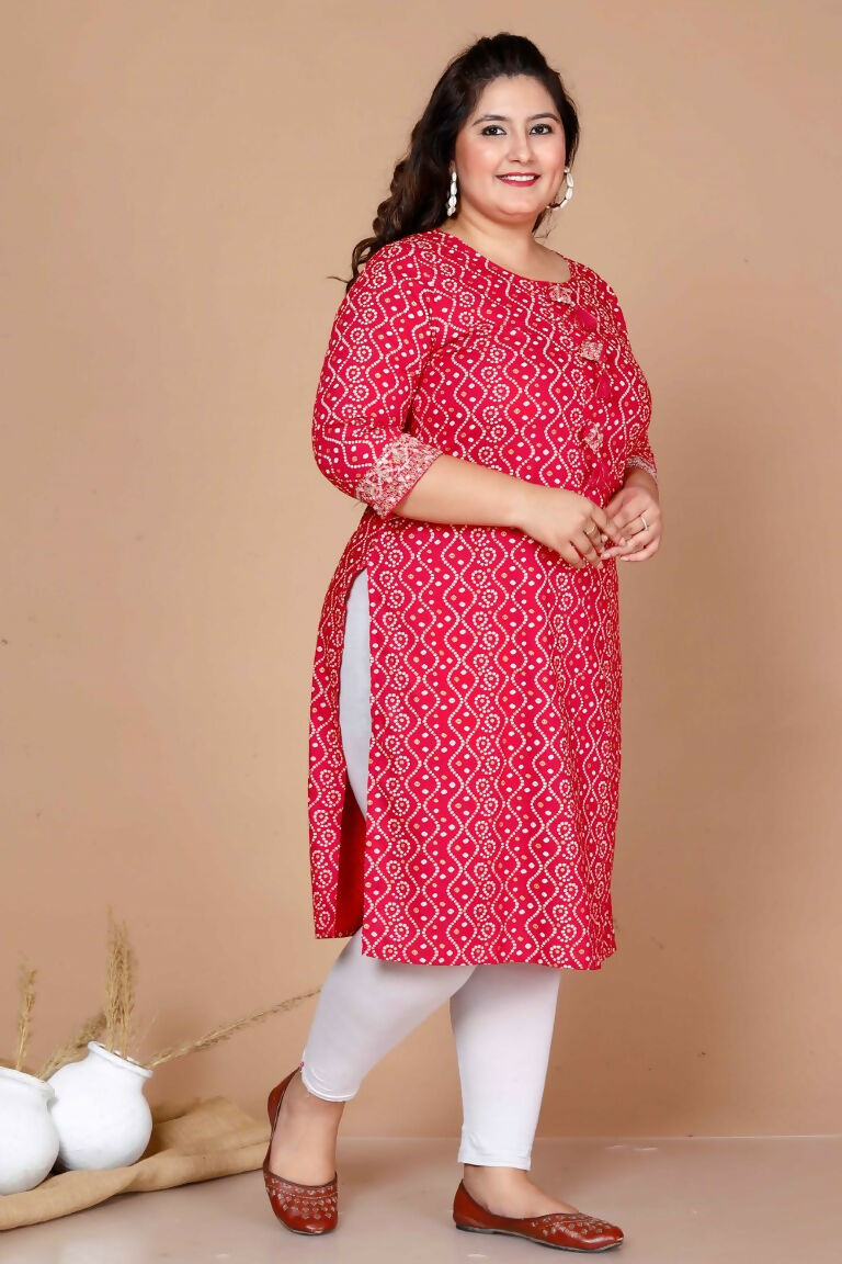Miravan Women's Plus Size Pink Bandhani Pakistani Straight Kurti | Grocsy
