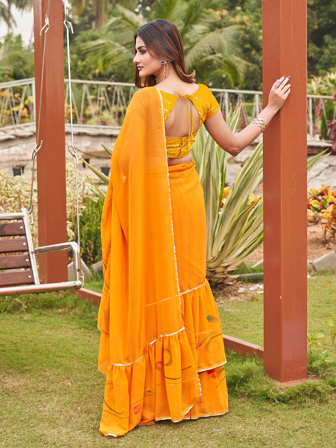 Tikhi Imli Mustard Yellow Gotta Patti Ruffles Saree | Grocsy