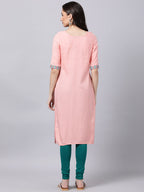 Souchii Women Peach-Coloured & Blue Ethnic Motifs Yoke Design Thread Work Pastels Kurta | Grocsy