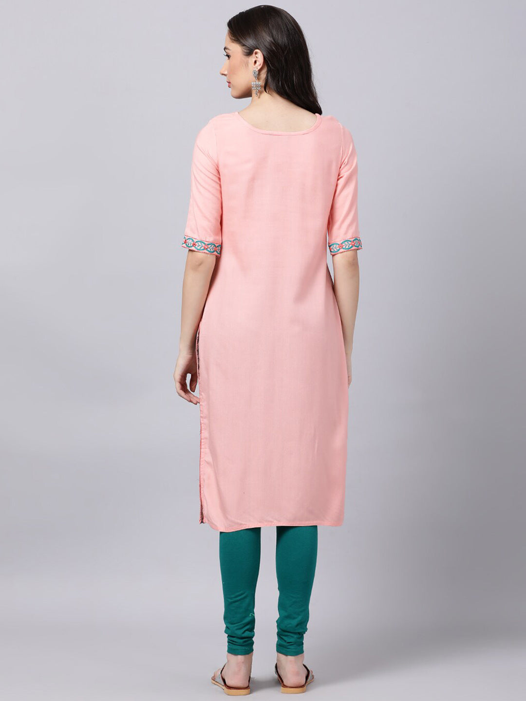 Souchii Women Peach-Coloured & Blue Ethnic Motifs Yoke Design Thread Work Pastels Kurta | Grocsy