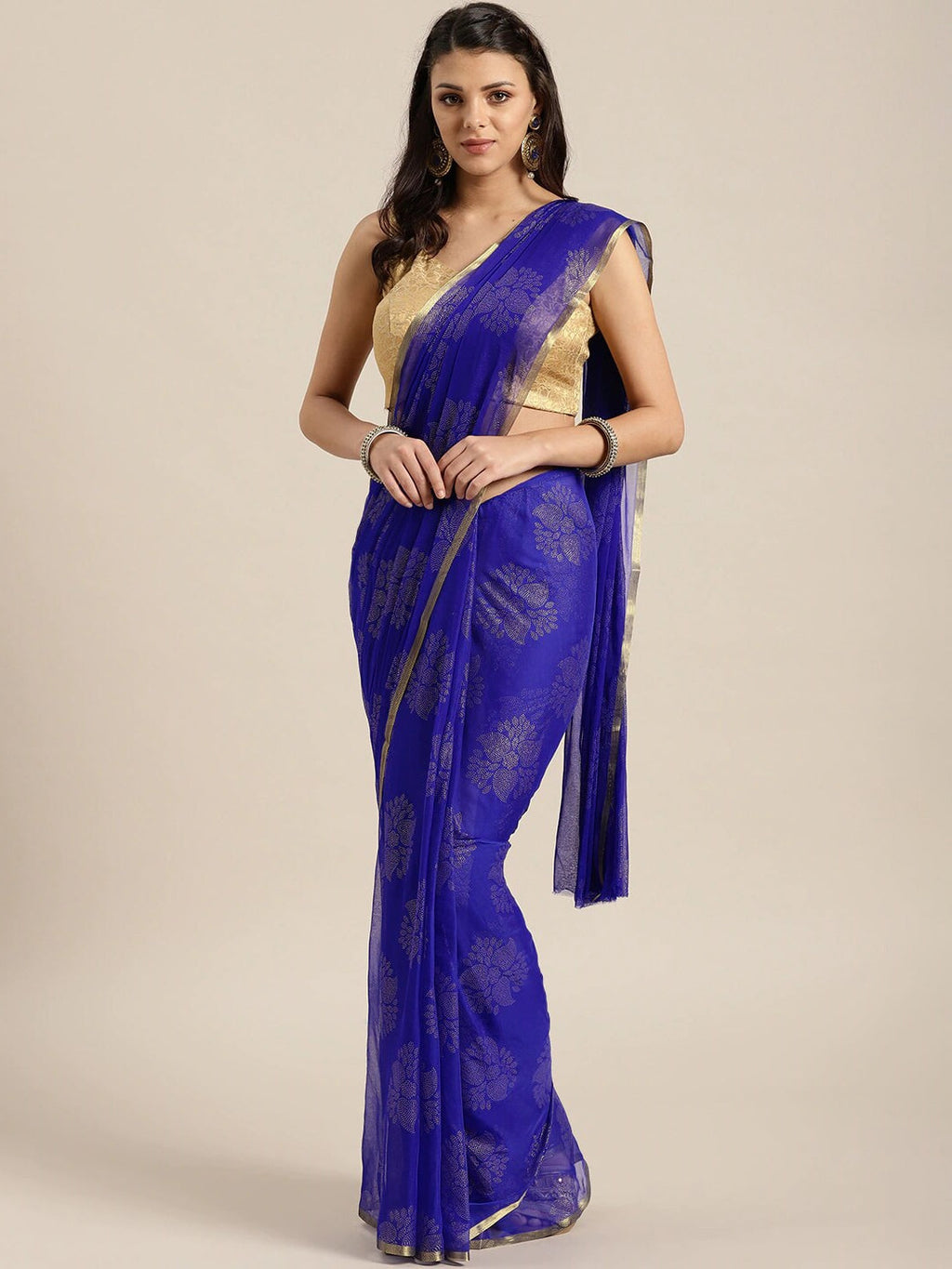 Saree Mall Blue & Gold-Toned Ethnic Motifs Sarees | Grocsy