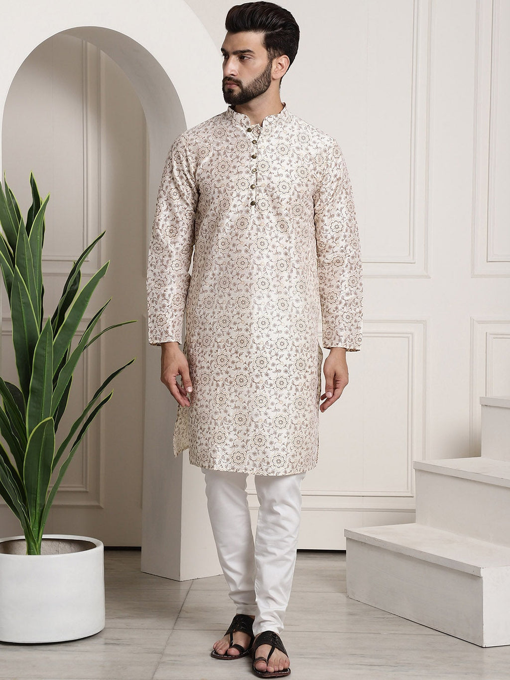 Sojanya Men Cream-Coloured & Brown Silk Cotton Printed Regular Kurta with Churidar | Grocsy