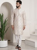 Sojanya Men Cream-Coloured & Brown Silk Cotton Printed Regular Kurta with Churidar | Grocsy