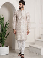 Sojanya Men Cream-Coloured & Brown Silk Cotton Printed Regular Kurta with Churidar | Grocsy