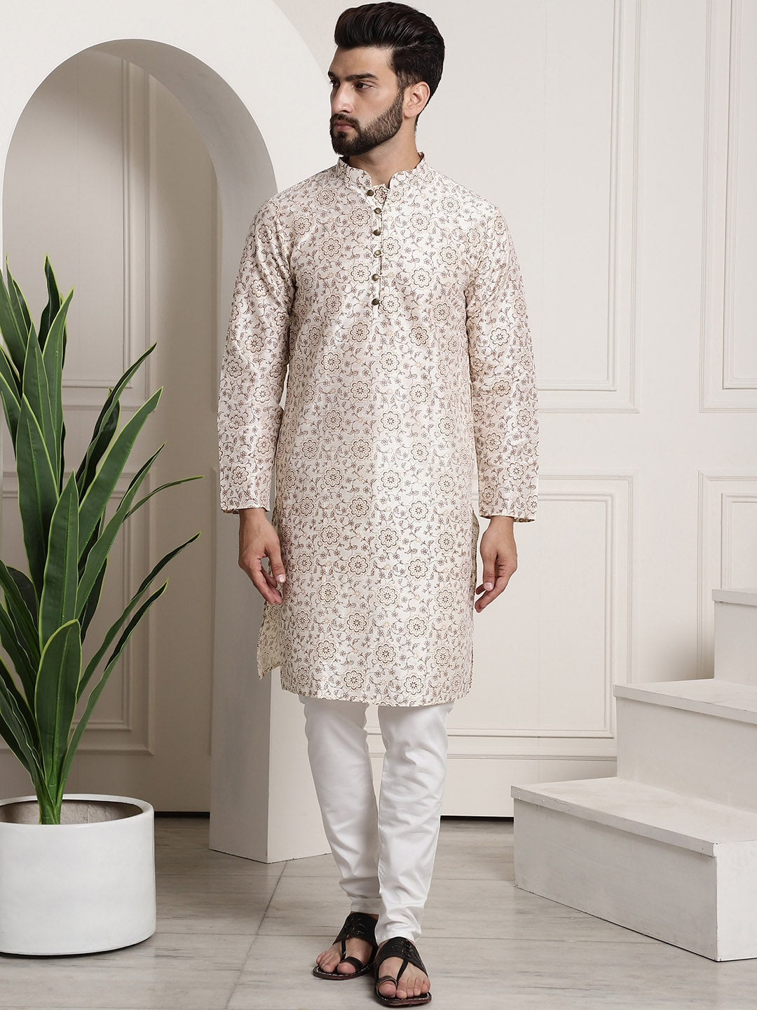 Sojanya Men Cream-Coloured & Brown Silk Cotton Printed Regular Kurta with Churidar | Grocsy