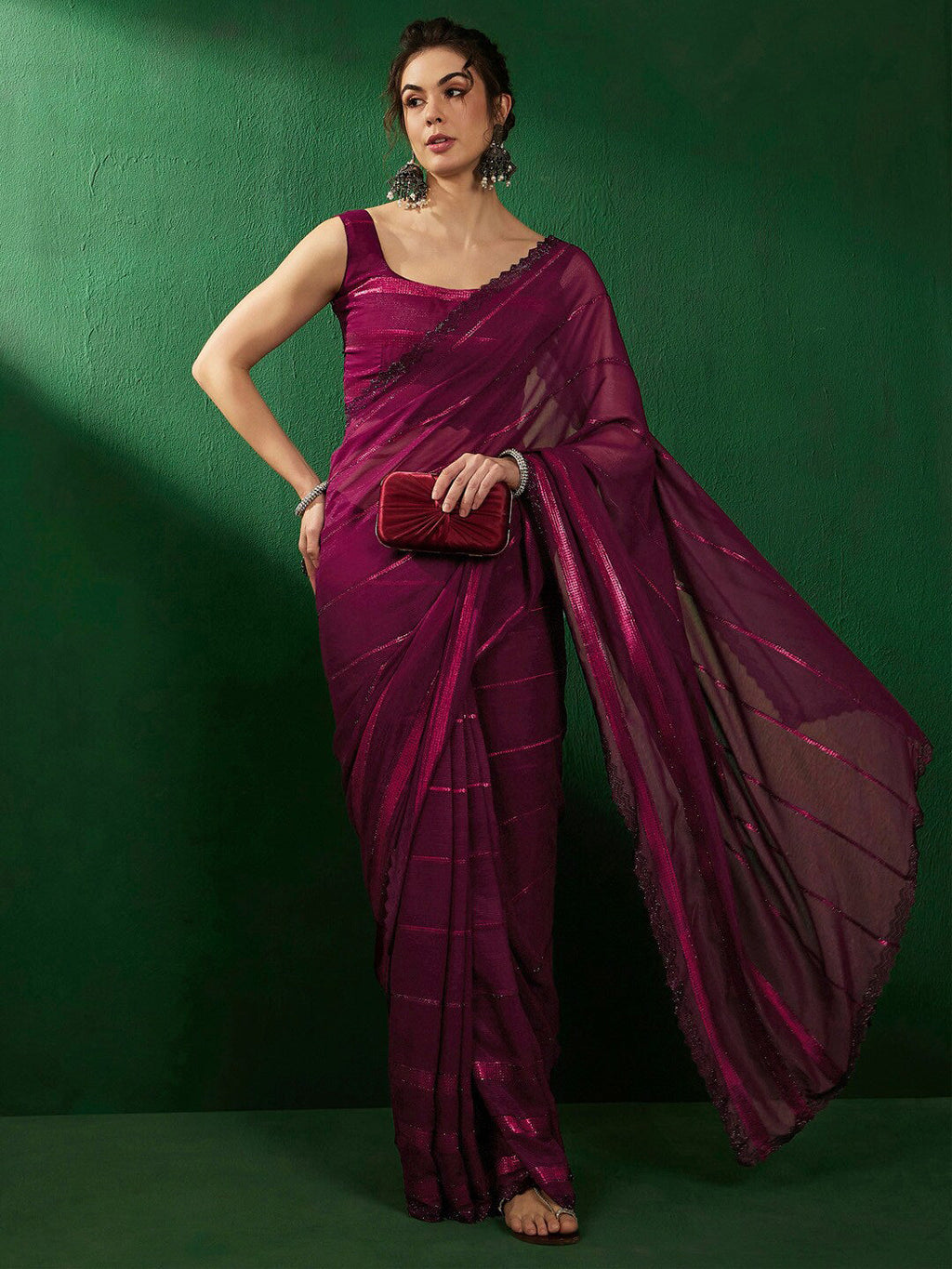 Sangria Striped Embellished Pure Georgette Saree | Grocsy