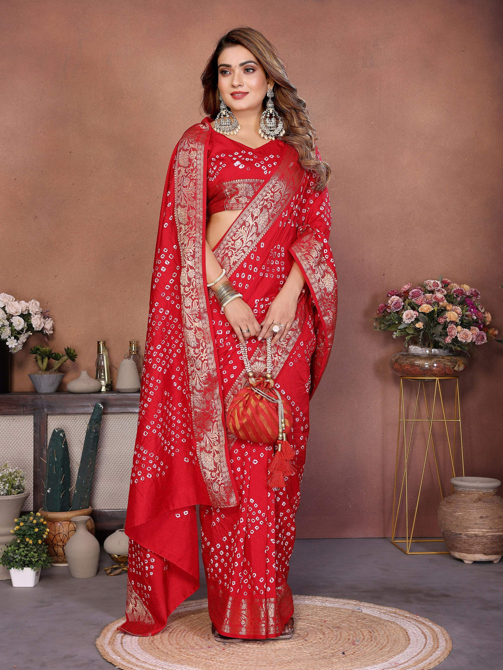 Aastha Fashion Red Pure Dola Silk Handmade Original Bandhej Saree | Grocsy