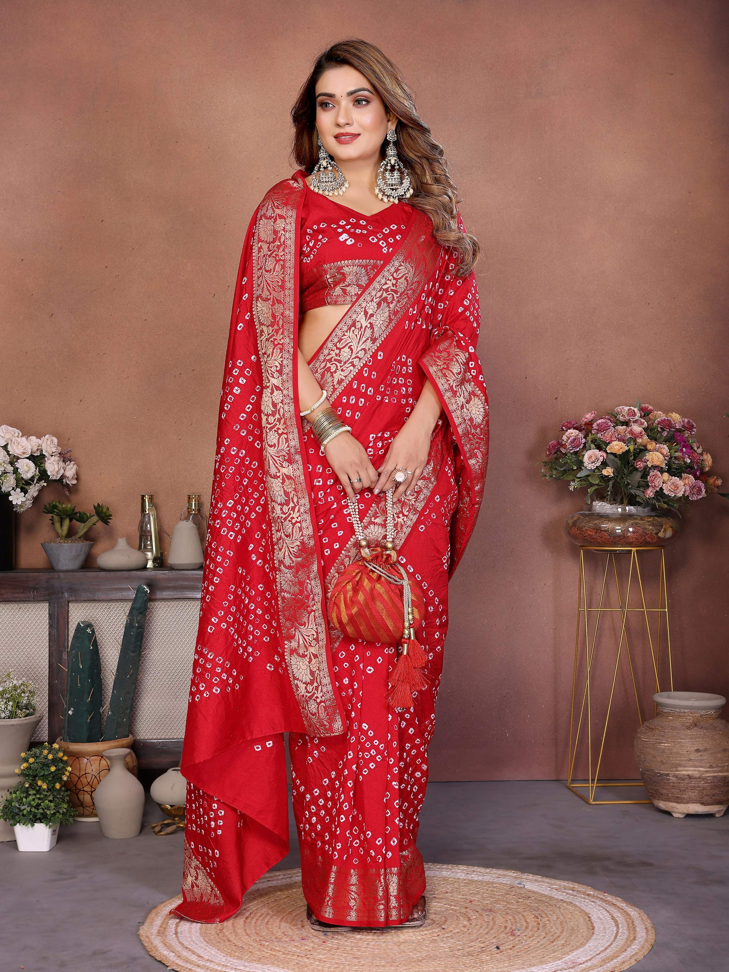 Aastha Fashion Red Pure Dola Silk Handmade Original Bandhej Saree | Grocsy