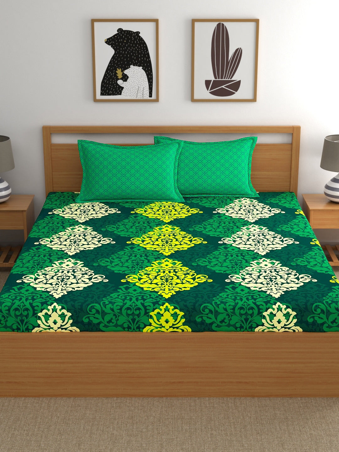 My Room Green & Yellow Ethnic Motifs 140 TC Super King Bedsheet with 2 Pillow Covers | Grocsy